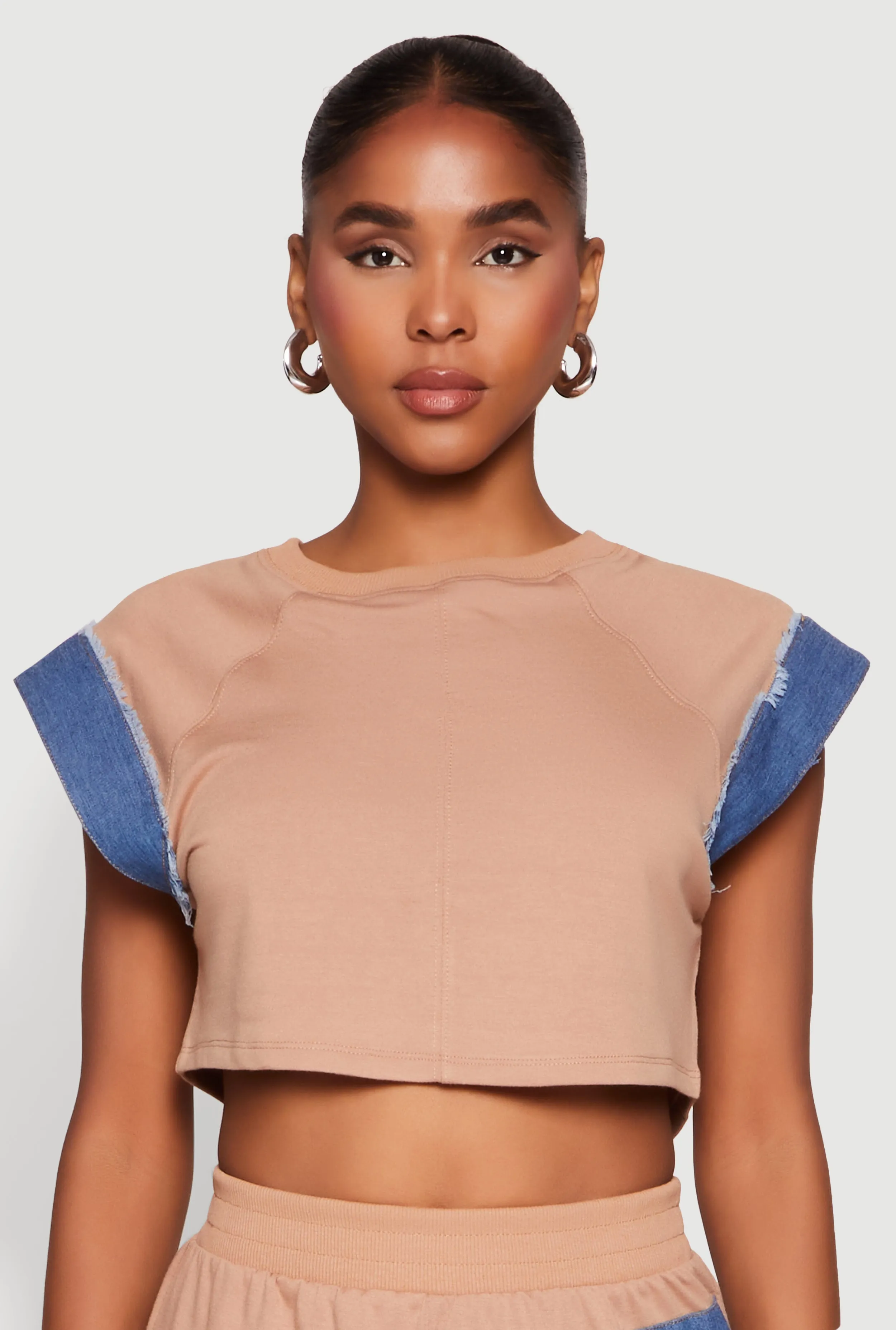 Denim Trim Cap Sleeve Crop Top sold by Rainbow