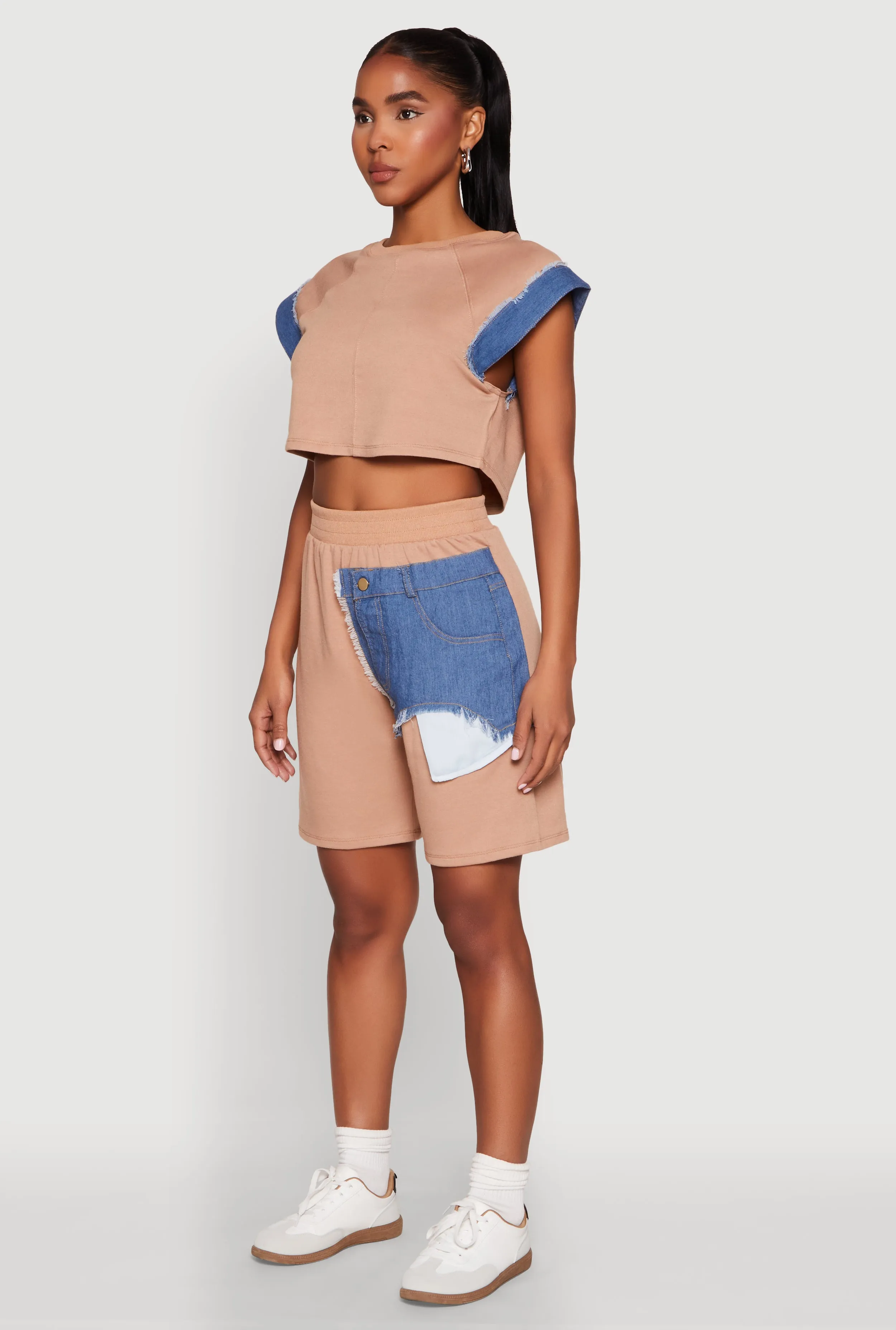 Denim Trim Cap Sleeve Crop Top sold by Rainbow product image thumbnail 5