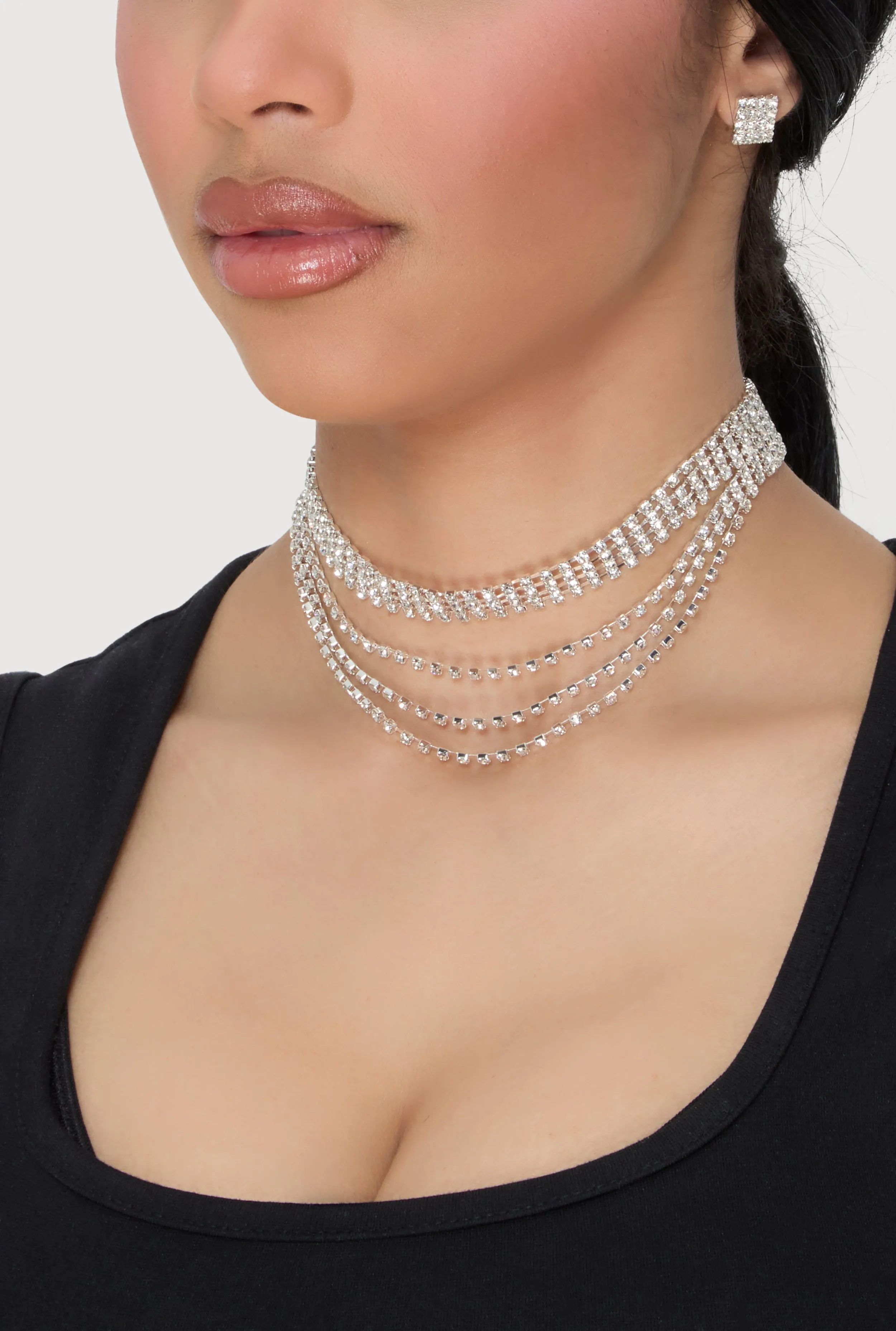 Rhinestone Layered Choker Necklace with Stud Earrings sold by Rainbow product image thumbnail 2