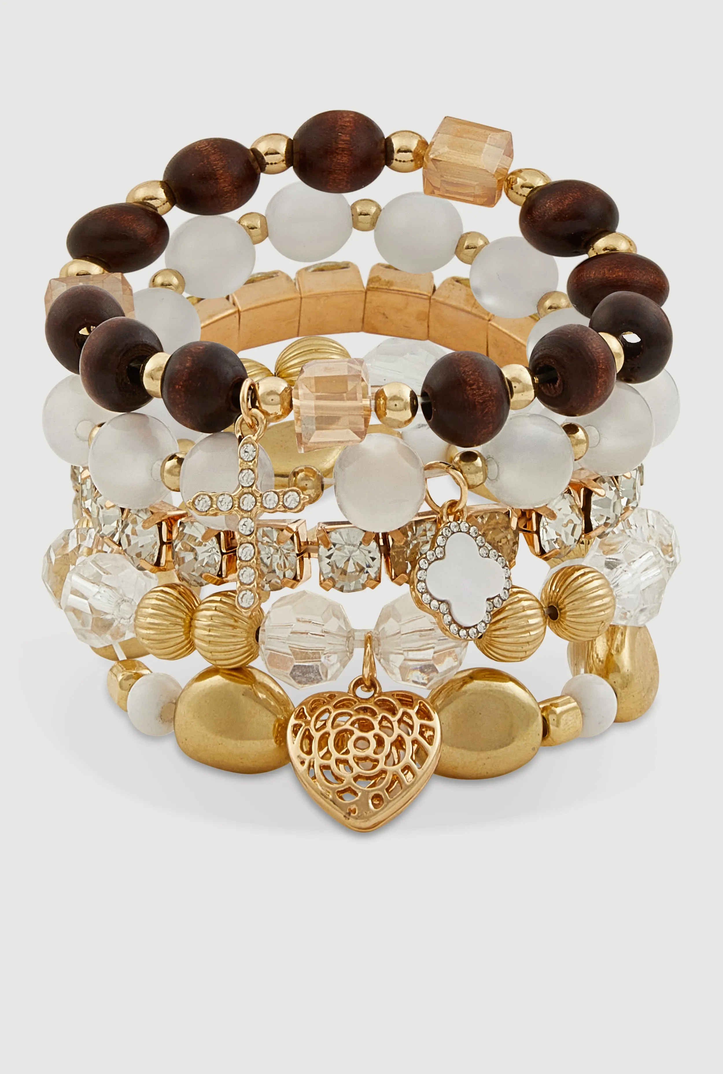 Clover Cross Heart Charm Stretch Bracelets Set of 5 sold by Rainbow