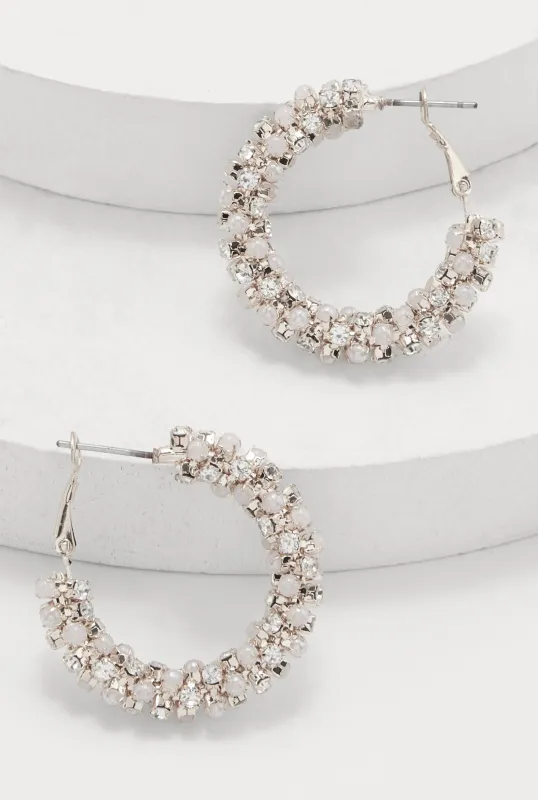 Faux Pearl Rhinestone Hoop Earrings sold by Rainbow