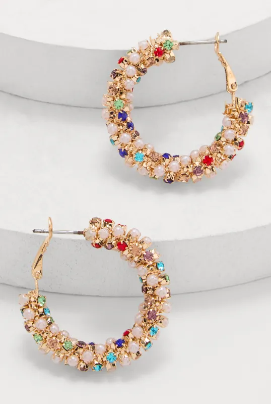 Faux Pearl Rhinestone Hoop Earrings sold by Rainbow