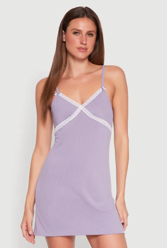 Ribbed Knit Lace Trim Cami Nightgown sold by Rainbow