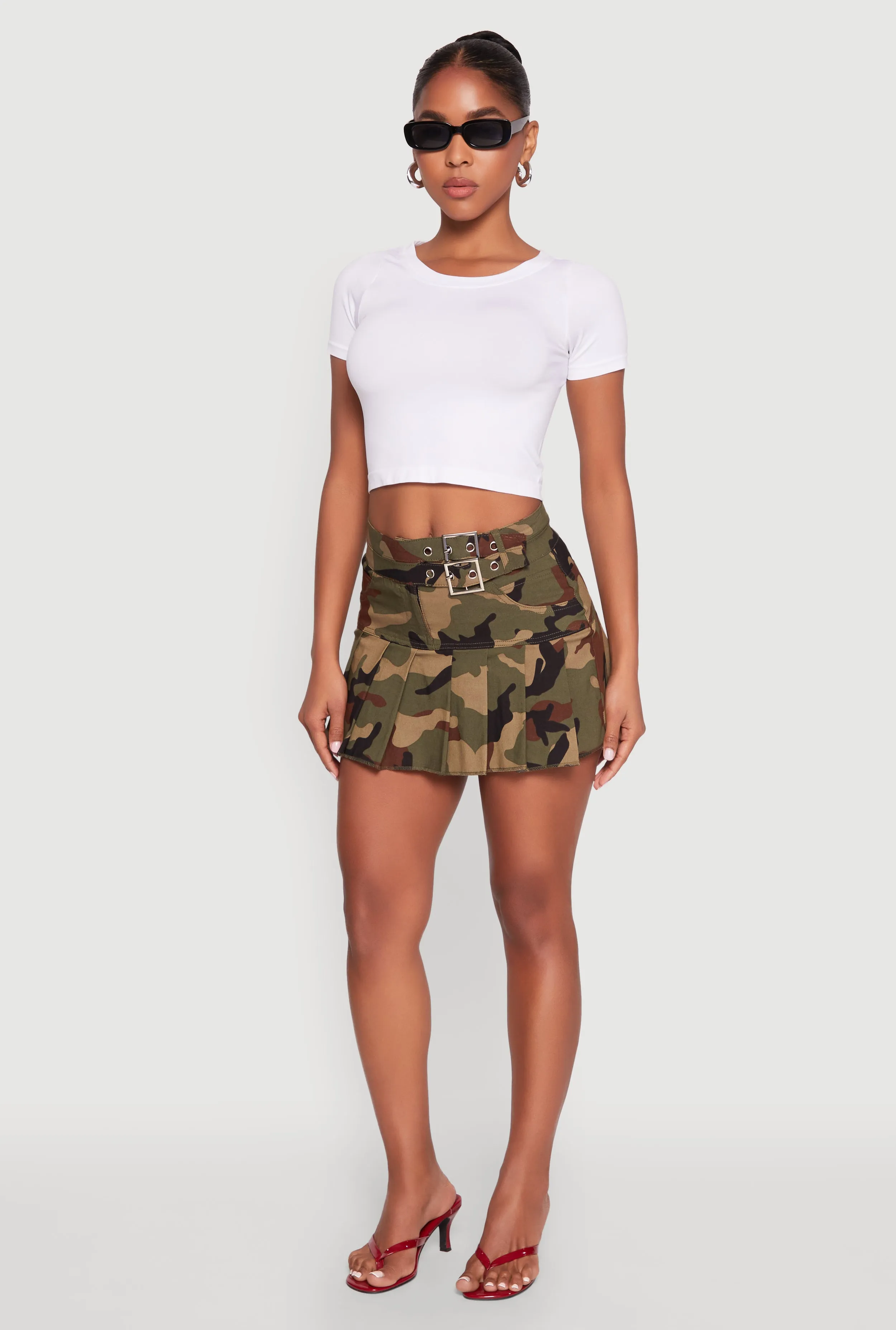 Belted Front Mini Camo Pleated Skirt sold by Rainbow
