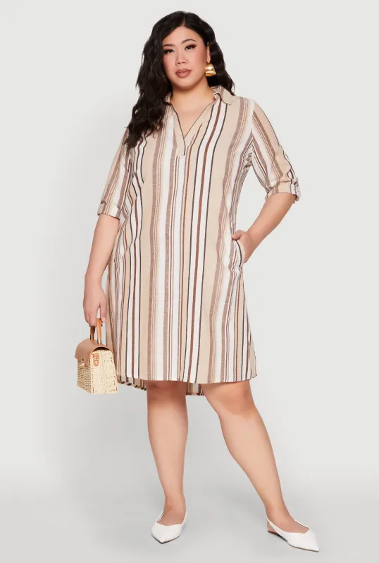 Plus Size Tabbed Sleeve Striped Dress sold by Rainbow