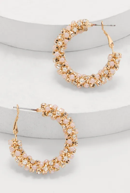Faux Pearl Rhinestone Hoop Earrings sold by Rainbow