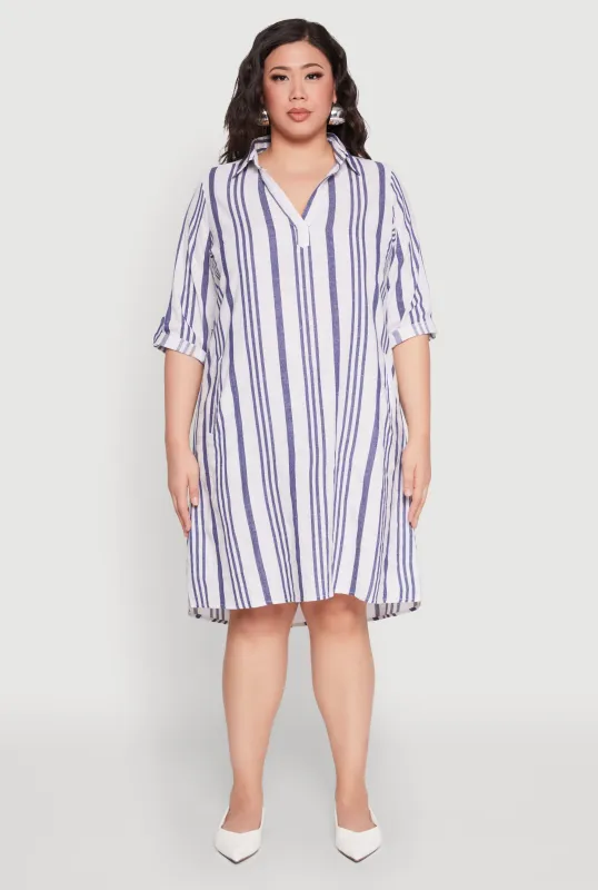 Plus Size Johnny Collar Striped Dress sold by Rainbow