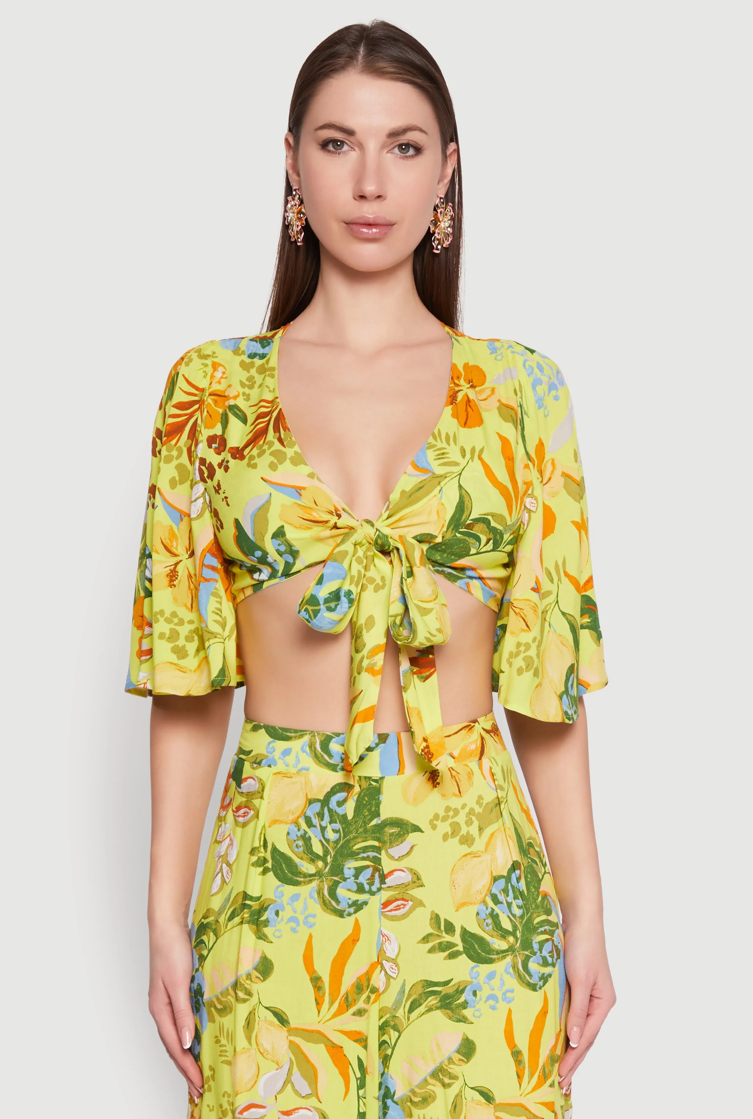 Floral Flutter Sleeve Tie Front Crop Top sold by Rainbow
