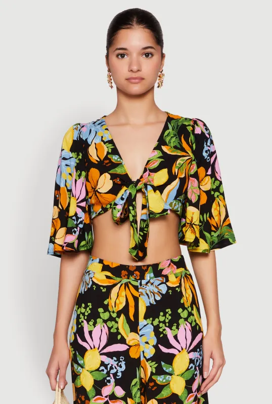 Floral Flutter Sleeve Tie Front Crop Top sold by Rainbow