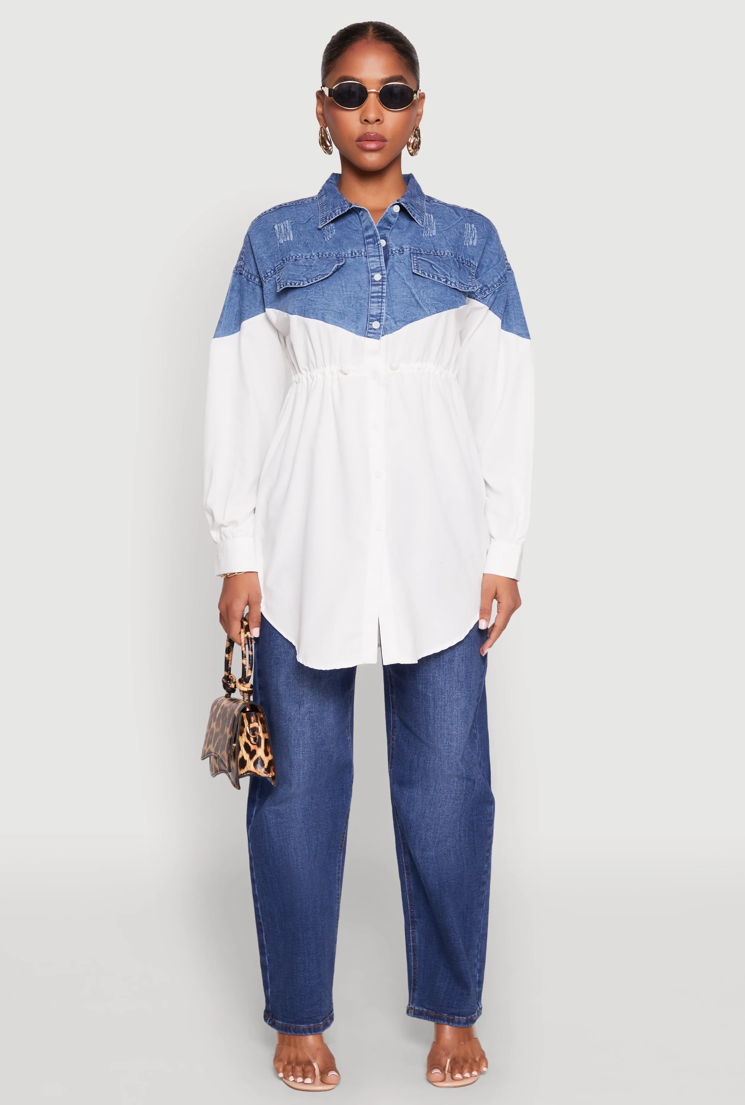 Denim Detail Distressed Tunic Shirt sold by Rainbow