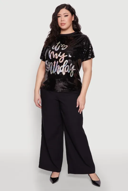 Plus Size Its My Birthday Sequin Top sold by Rainbow