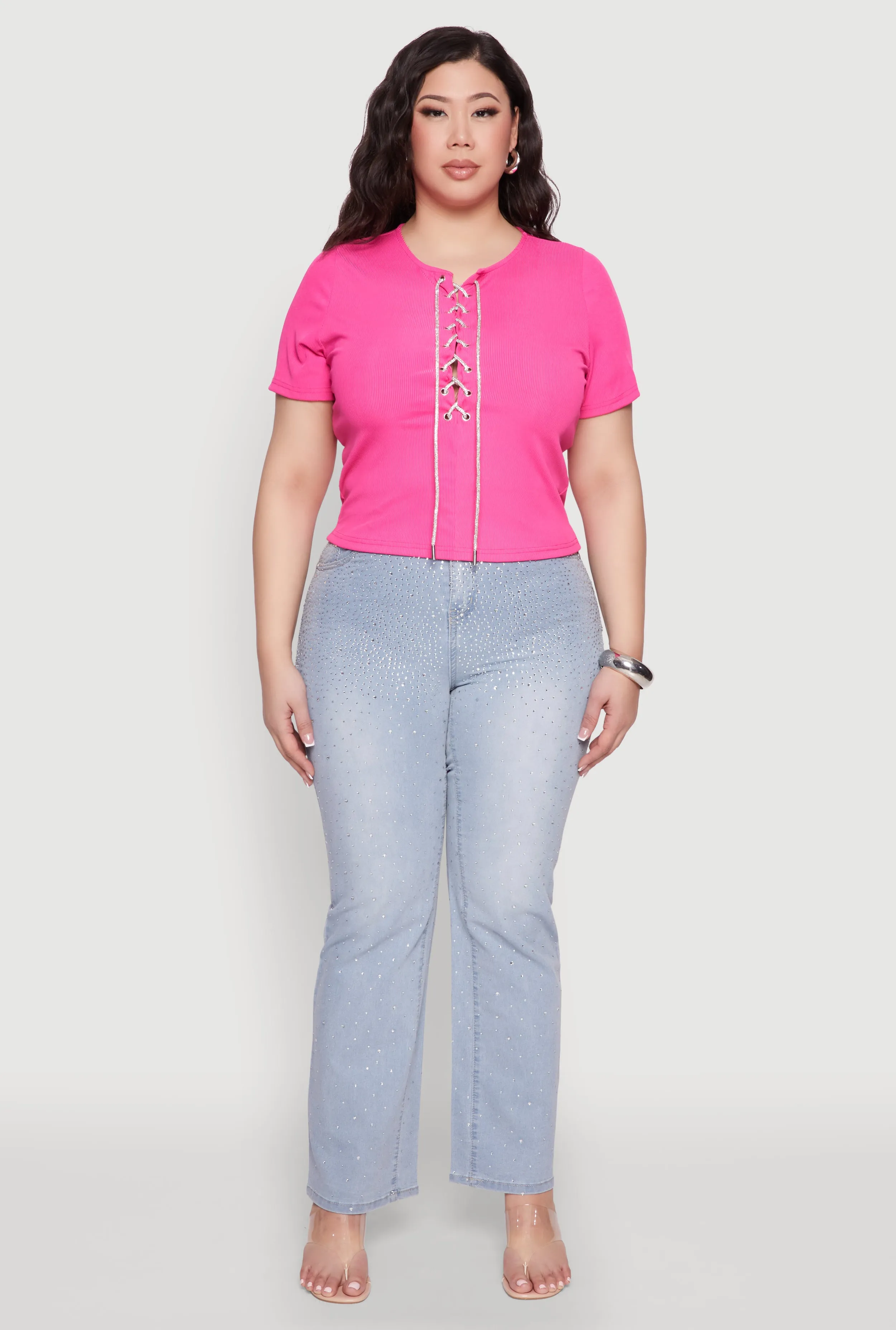 Plus Size Rhinestone Lace Up Short Sleeve Top sold by Rainbow product image thumbnail 3