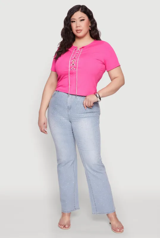 Plus Size Rhinestone Lace Up Short Sleeve Top sold by Rainbow