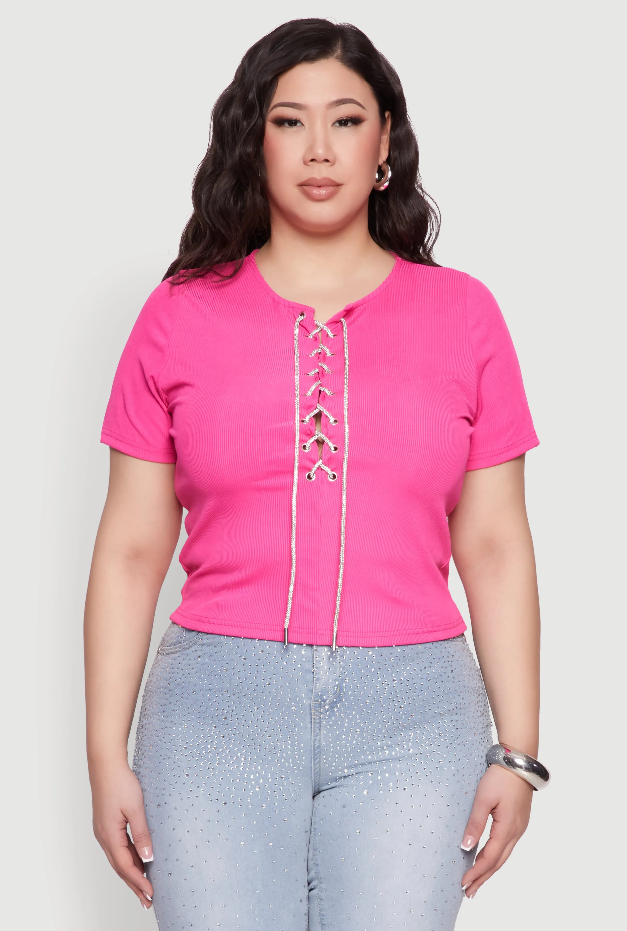 Plus Size Rhinestone Lace Up Short Sleeve Top sold by Rainbow product image thumbnail 2