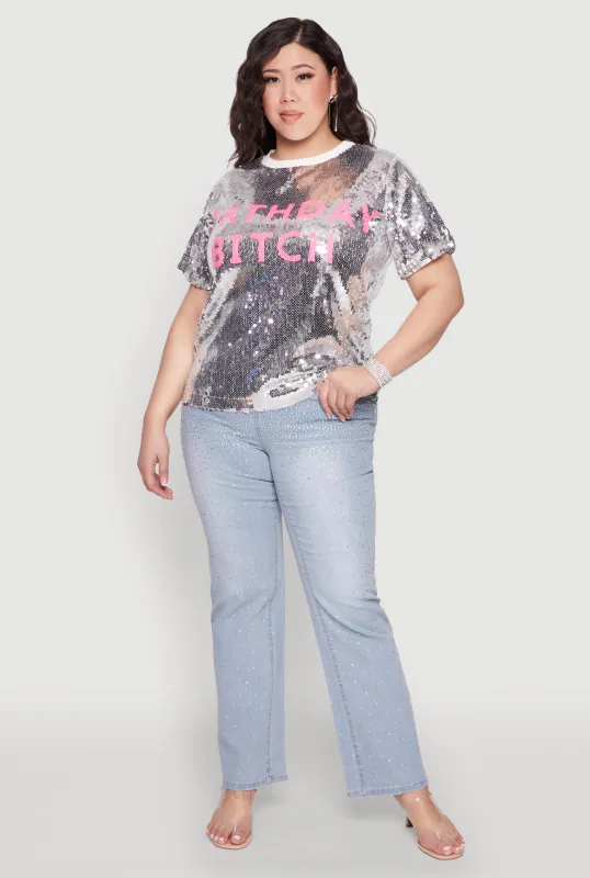 Plus Size Contrast Trim Sequin Birthday Graphic Top sold by Rainbow