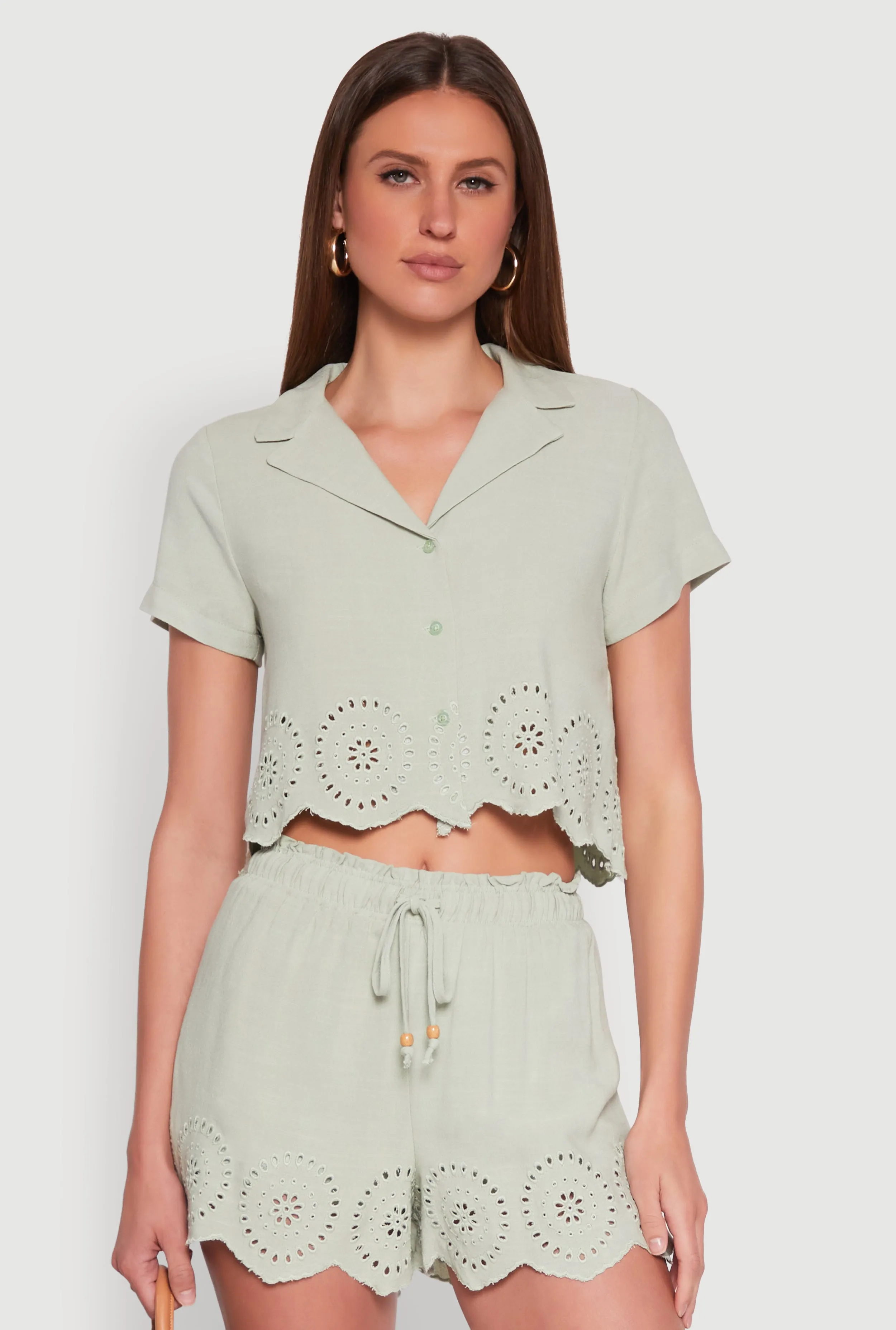 Haute Monde Eyelet Detail Cropped Shirt sold by Rainbow