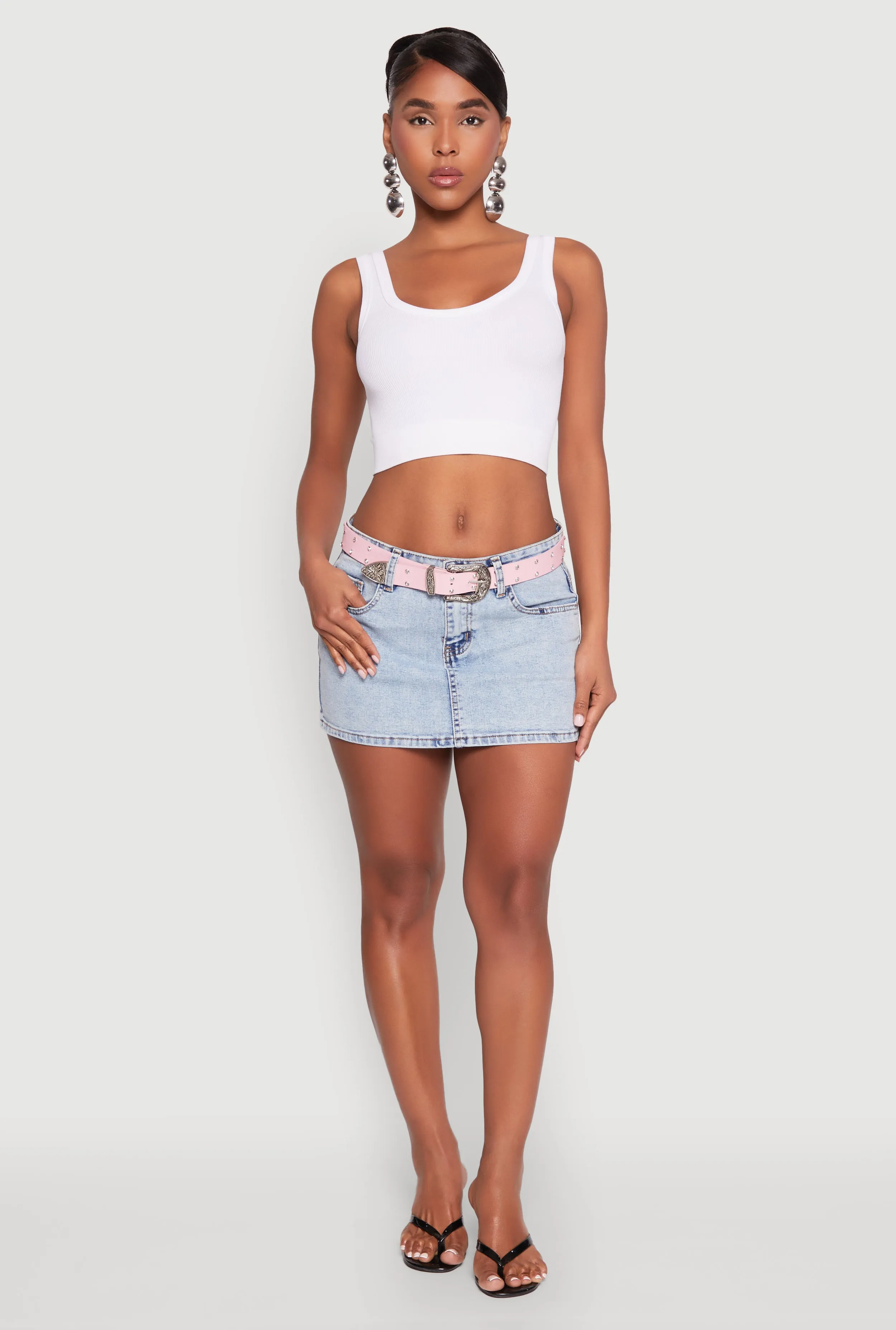 Almost Famous Belted Micro Mini Denim Skirt sold by Rainbow