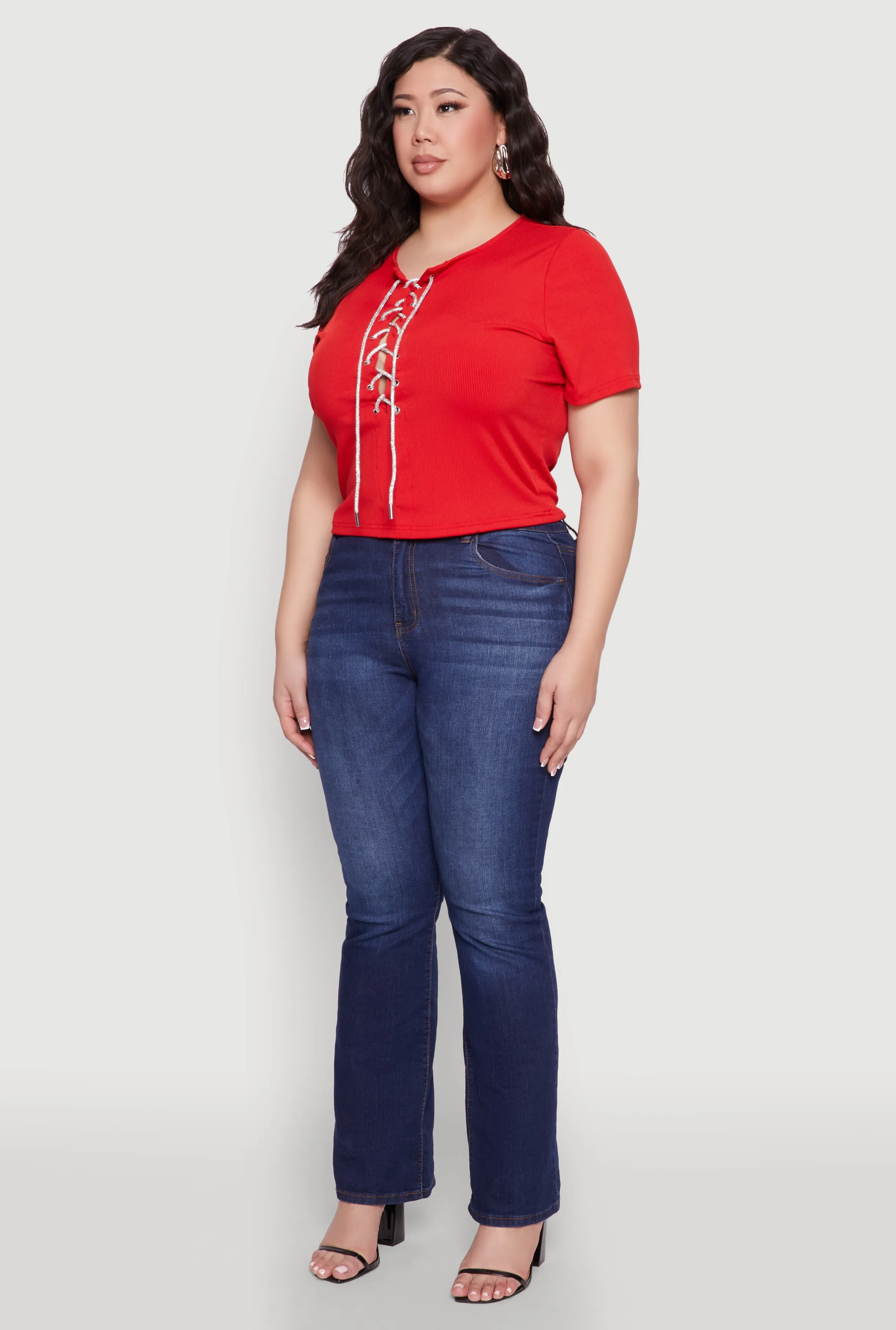 Plus Size Rhinestone Lace Up Short Sleeve Top sold by Rainbow product image thumbnail 5