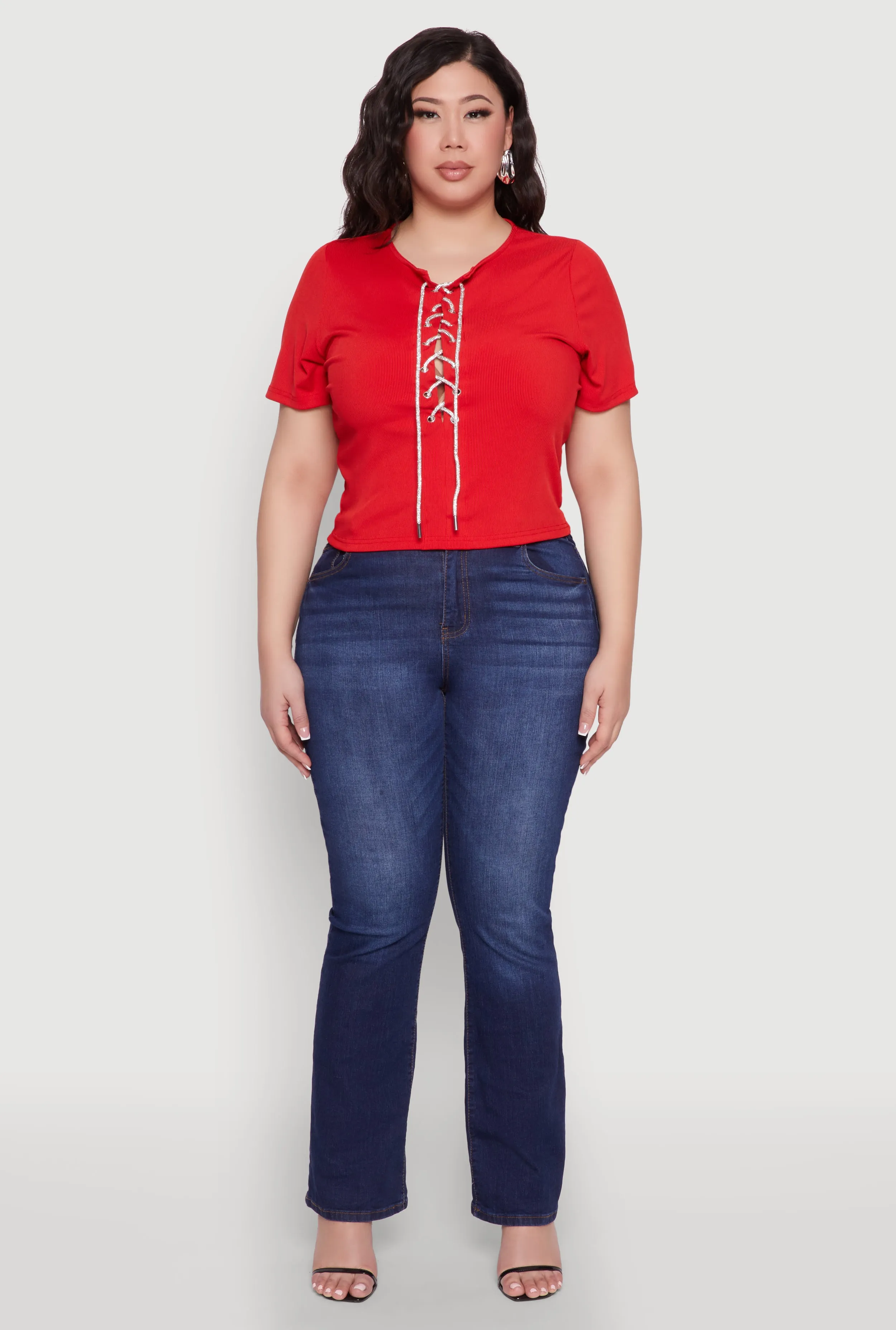 Plus Size Rhinestone Lace Up Short Sleeve Top sold by Rainbow product image thumbnail 3