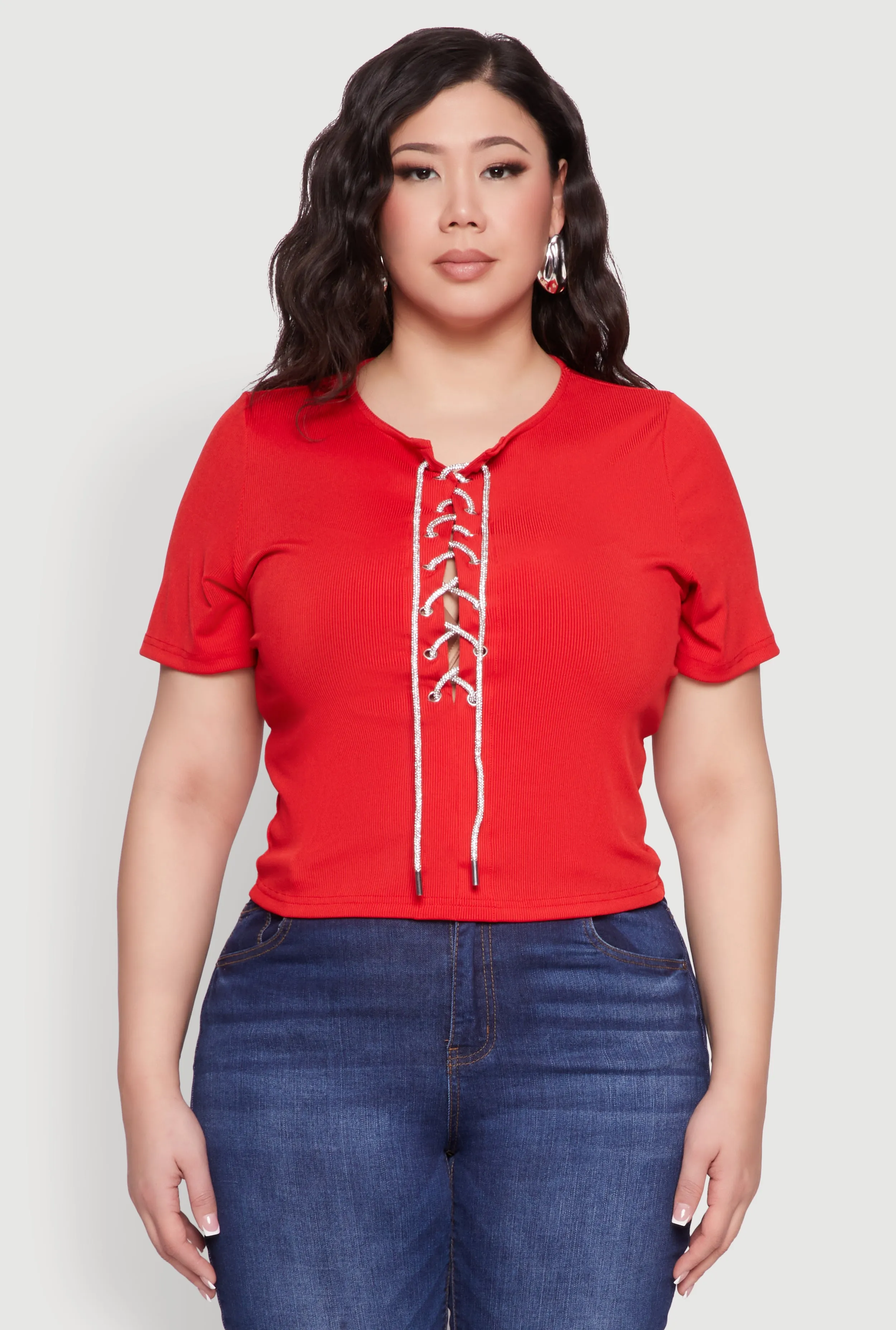 Plus Size Rhinestone Lace Up Short Sleeve Top sold by Rainbow product image thumbnail 2