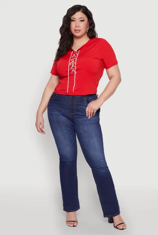 Plus Size Rhinestone Lace Up Short Sleeve Top sold by Rainbow