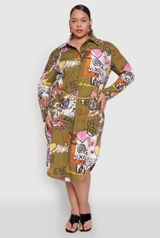 Plus Size Spoon Jeans Graffiti Print Shirt Dress sold by Rainbow