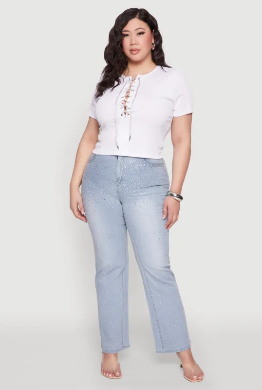 Plus Size Rhinestone Lace Up Short Sleeve Top sold by Rainbow