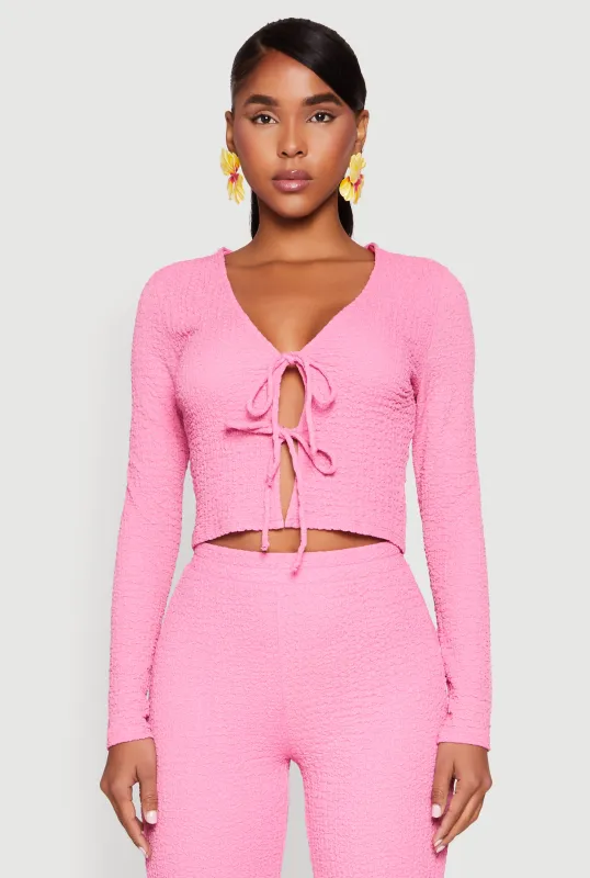 Textured Knit Double Tie Front Crop Top sold by Rainbow