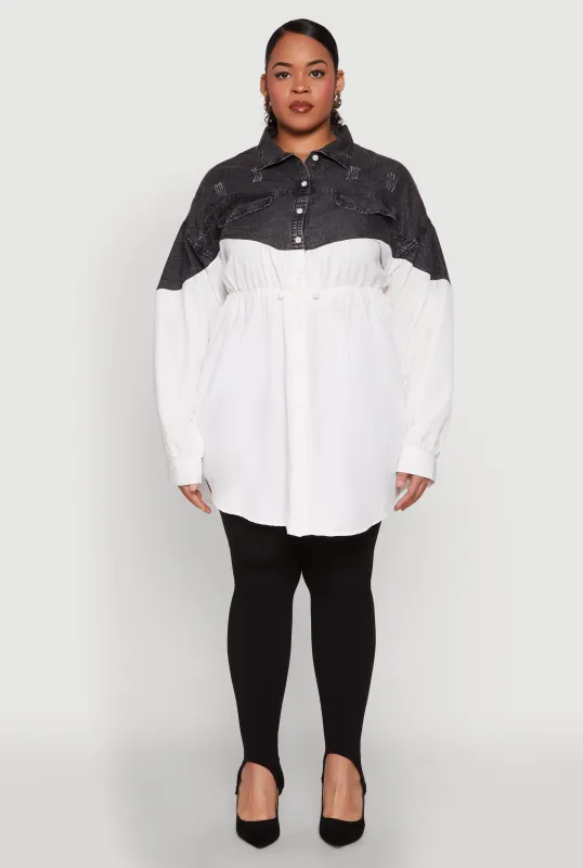 Plus Size Denim Detail Distressed Tunic Shirt sold by Rainbow