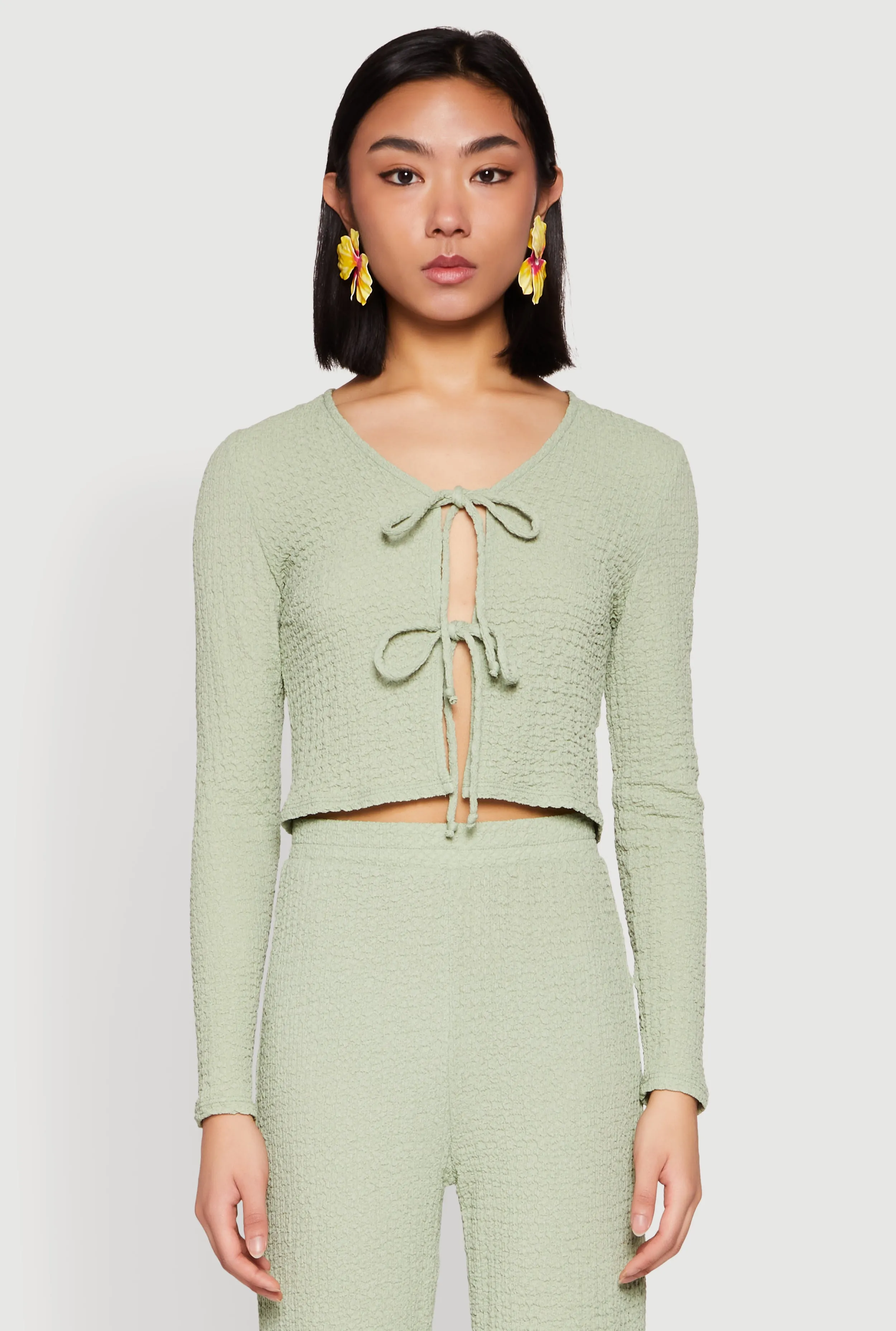 Textured Knit Double Tie Front Crop Top sold by Rainbow