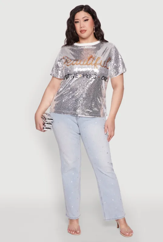 Plus Size Sequin Beautiful Graphic Tee sold by Rainbow