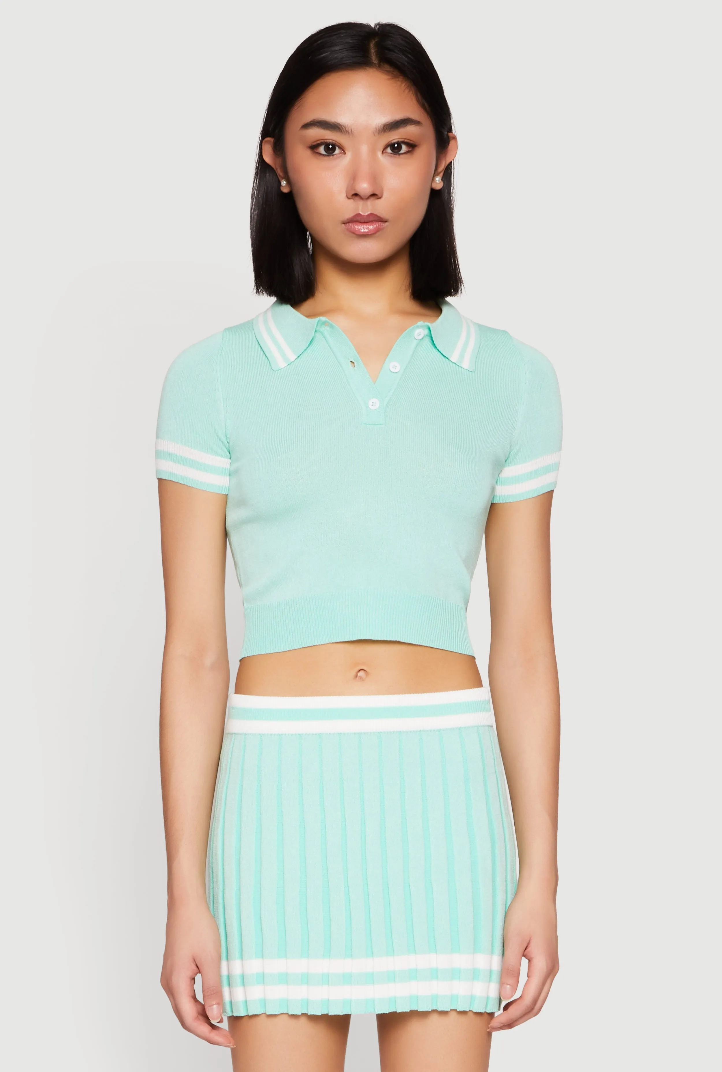 Varsity Stripe Detail Cropped Polo Shirt sold by Rainbow