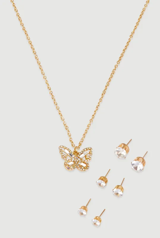 Cubic Zirconia Butterfly Charm Necklace and Stud Earrings sold by Rainbow