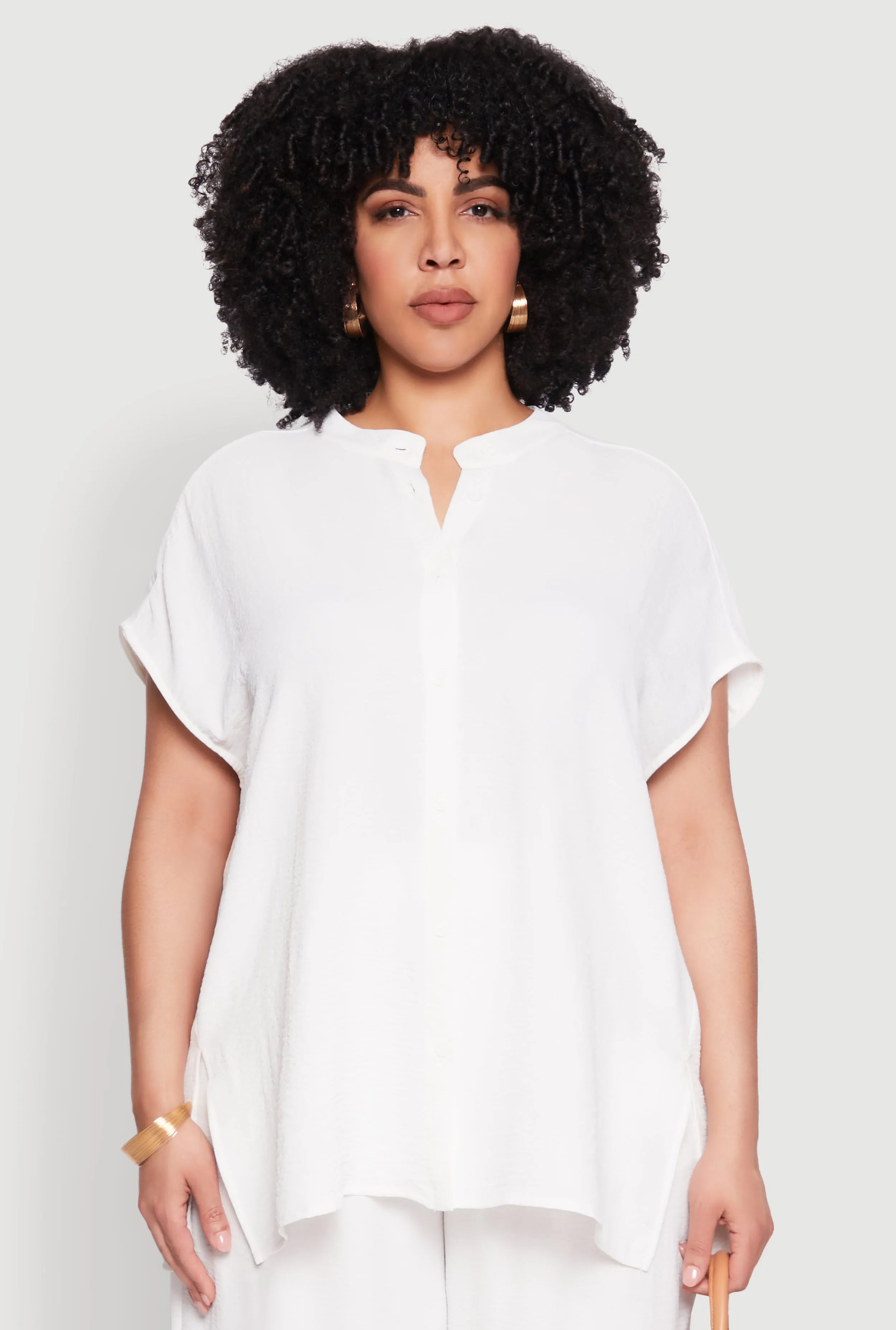 Plus Size Airy Mandarin Collar Tunic Shirt sold by Rainbow