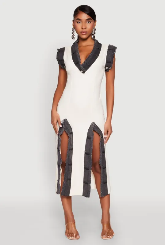 Denim Trim High Slit Midi Dress made by Rainbow