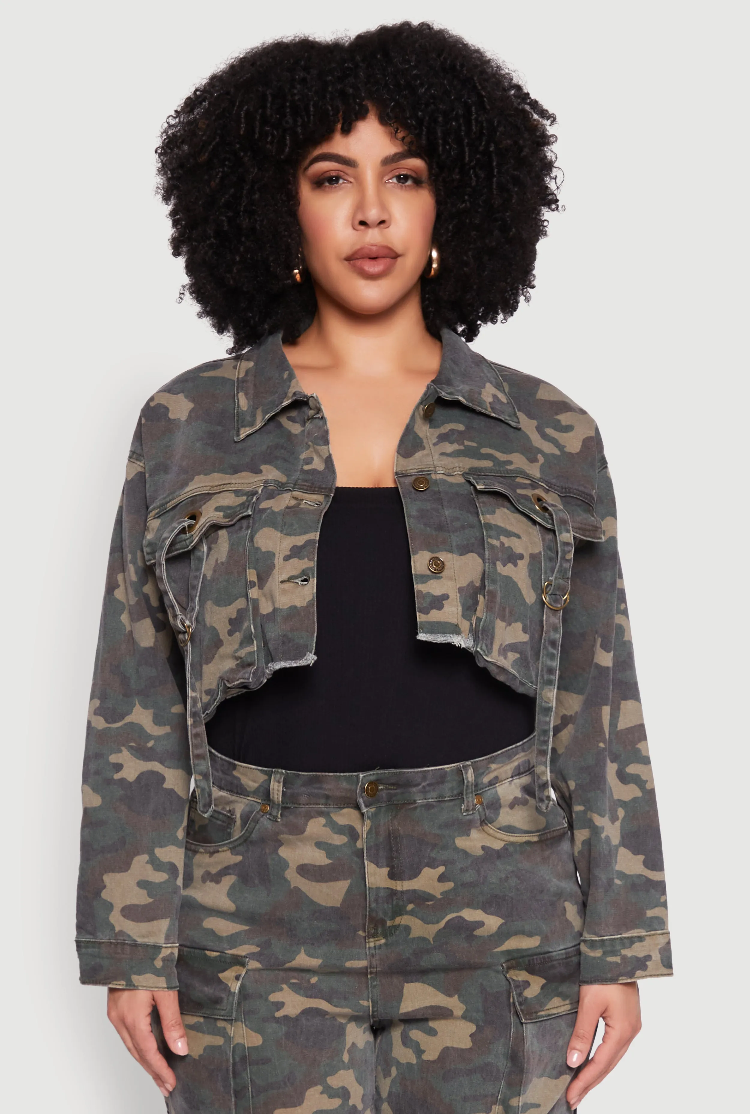 Plus Size Camouflage Cropped Cargo Jacket sold by Rainbow