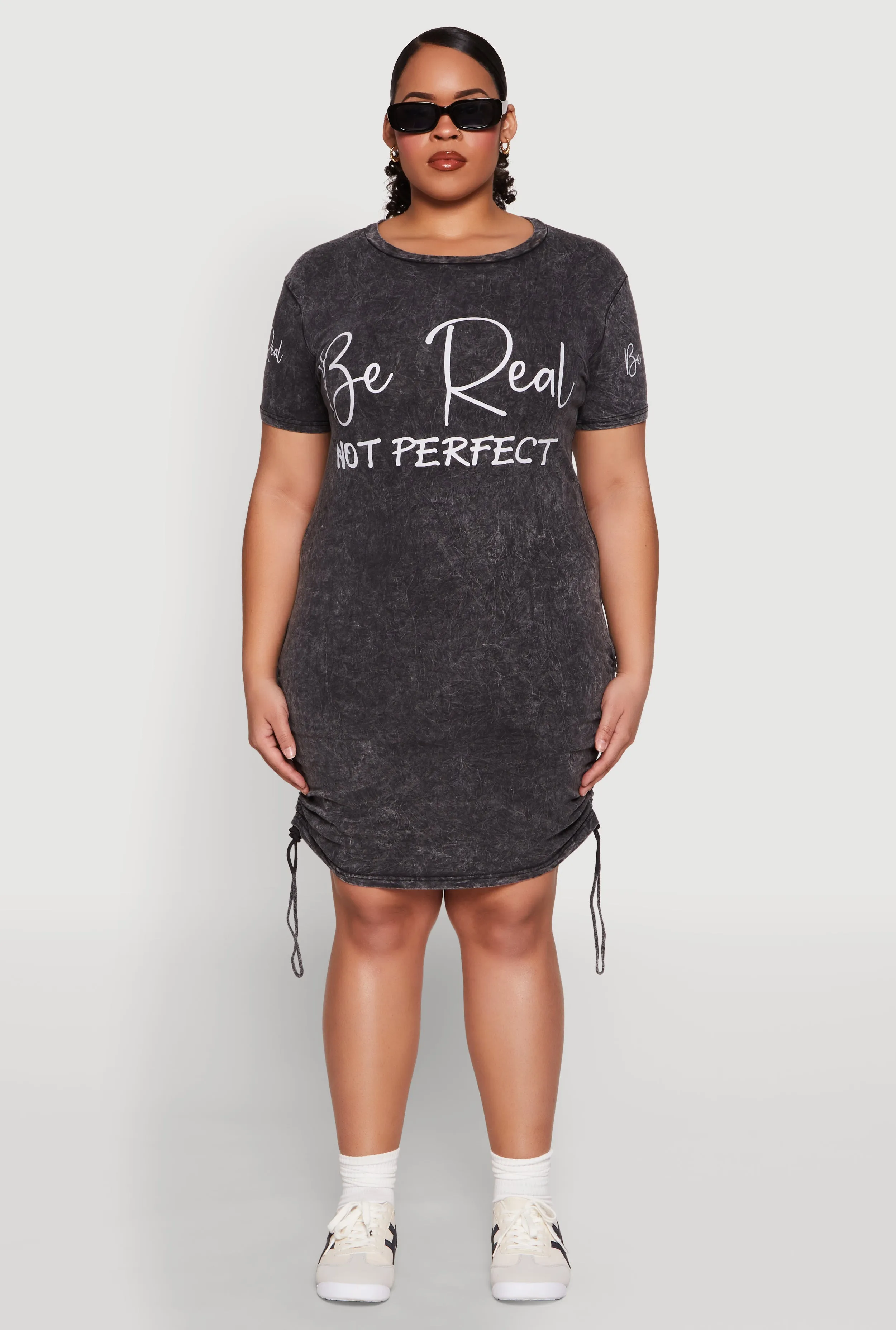 Plus Size Be Real Not Perfect Ruched T Shirt Dress sold by Rainbow