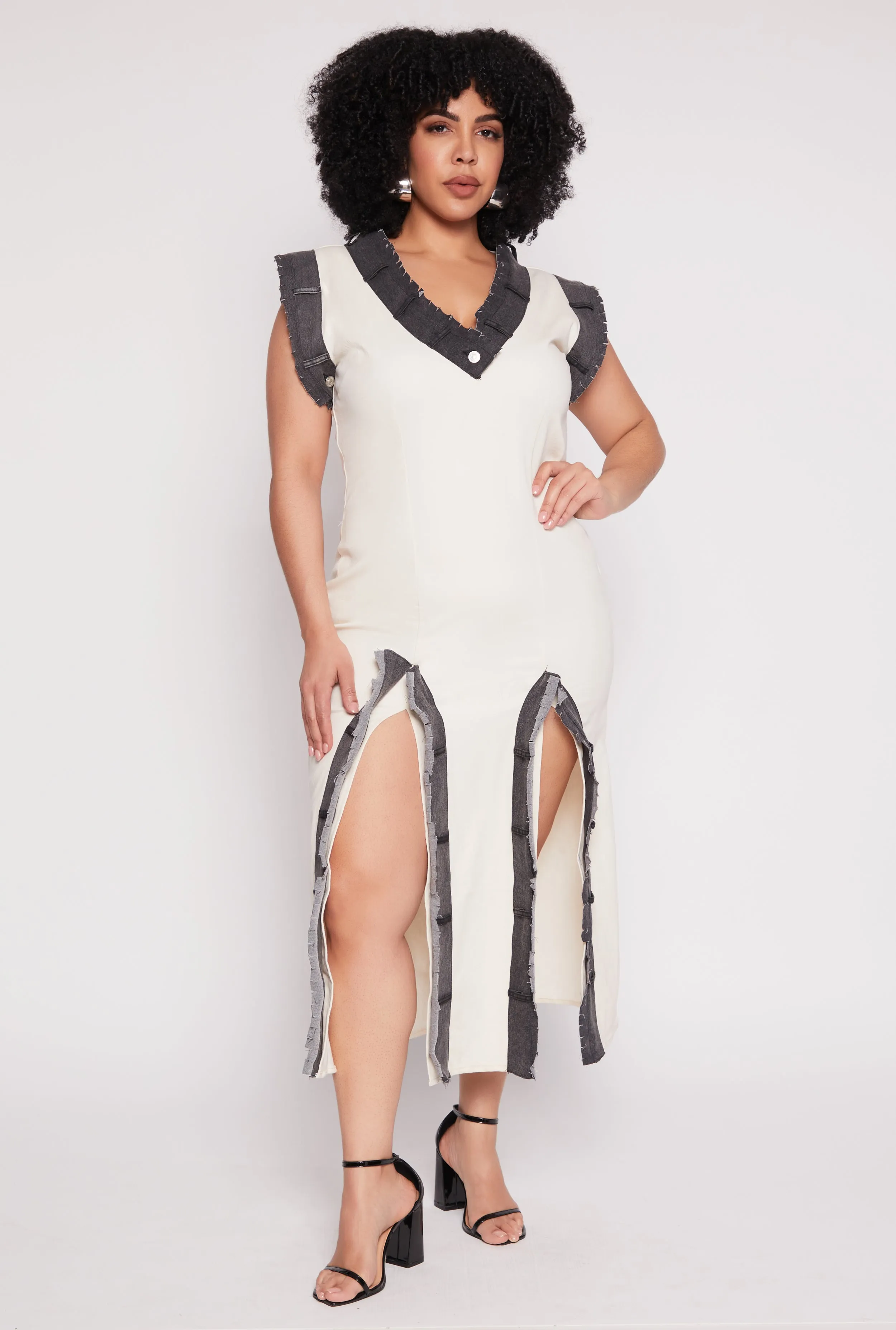 Plus Size Denim Trim High Slit Midi Dress sold by Rainbow