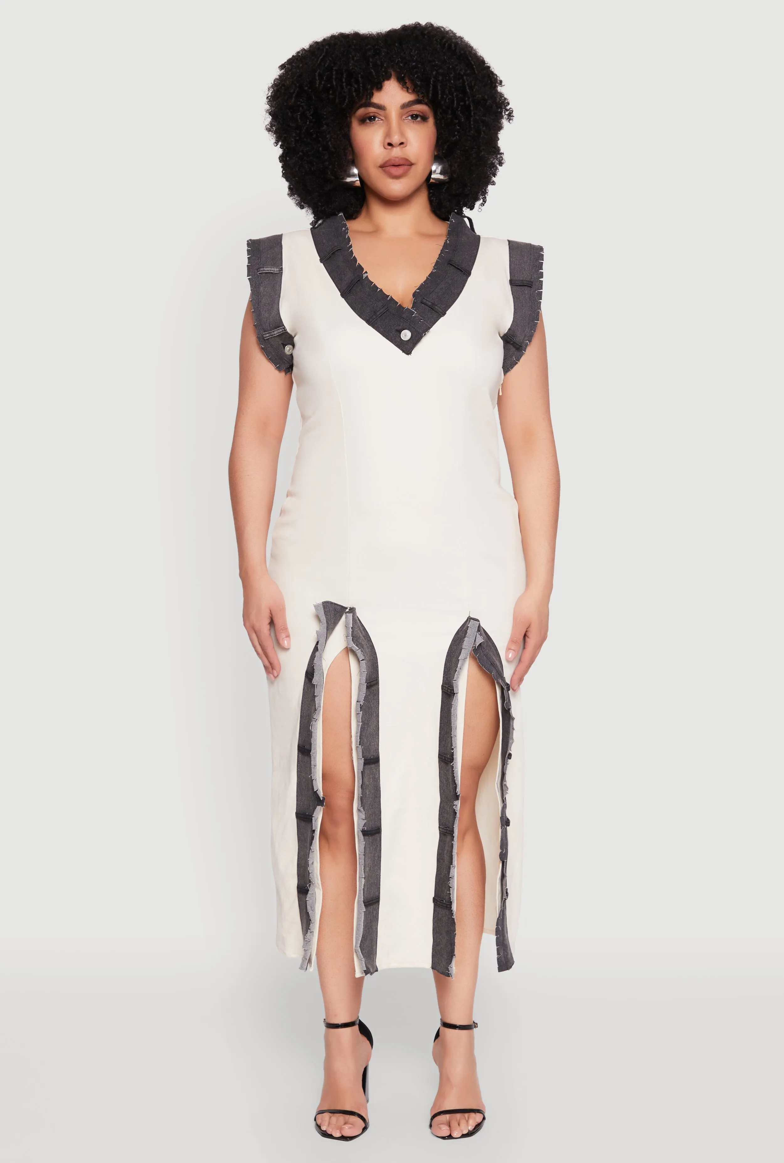 Plus Size Denim Trim High Slit Midi Dress sold by Rainbow product image thumbnail 2