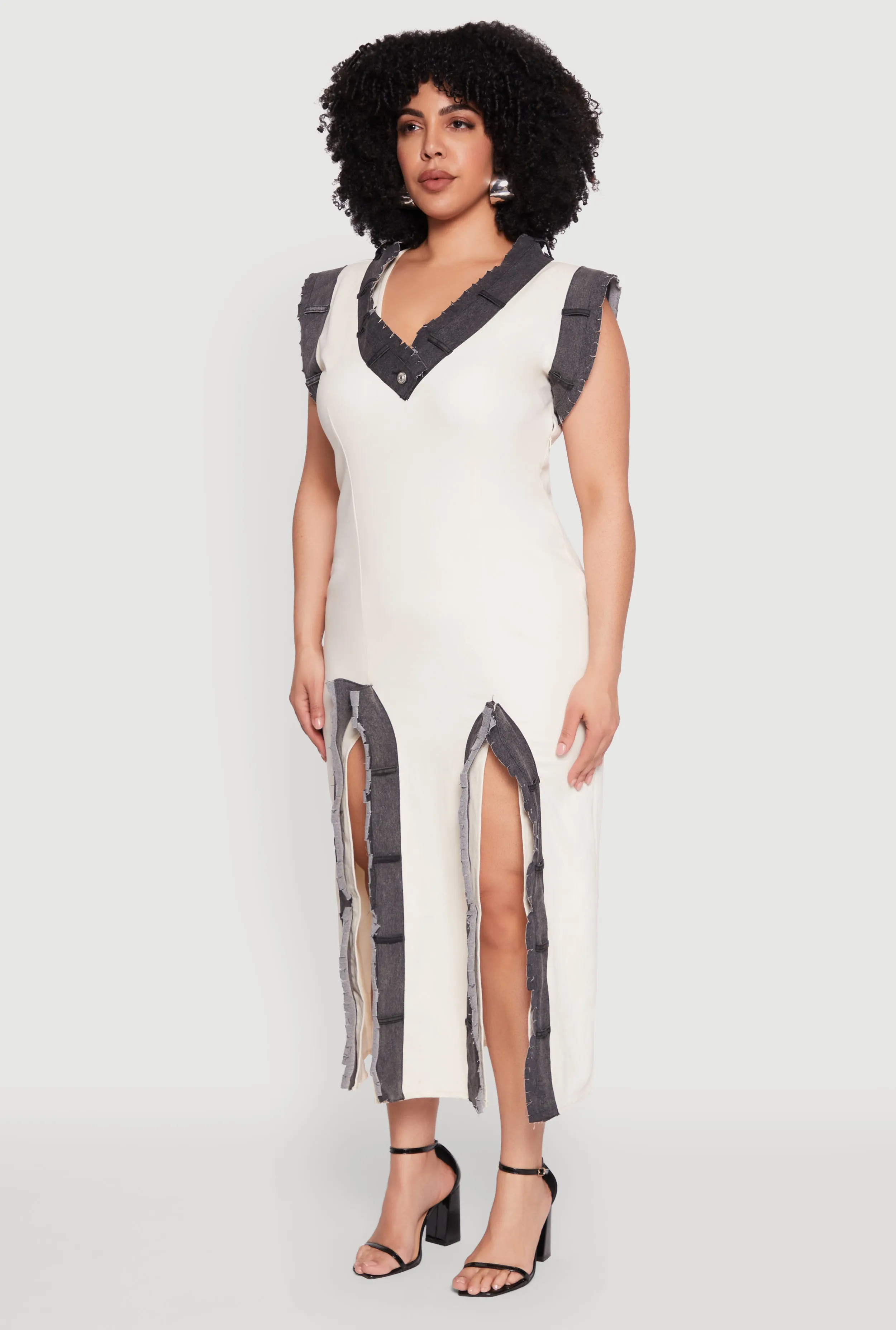 Plus Size Denim Trim High Slit Midi Dress sold by Rainbow product image thumbnail 3