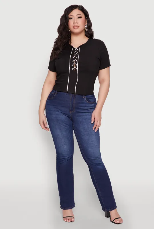 Plus Size Rhinestone Lace Up Short Sleeve Top sold by Rainbow