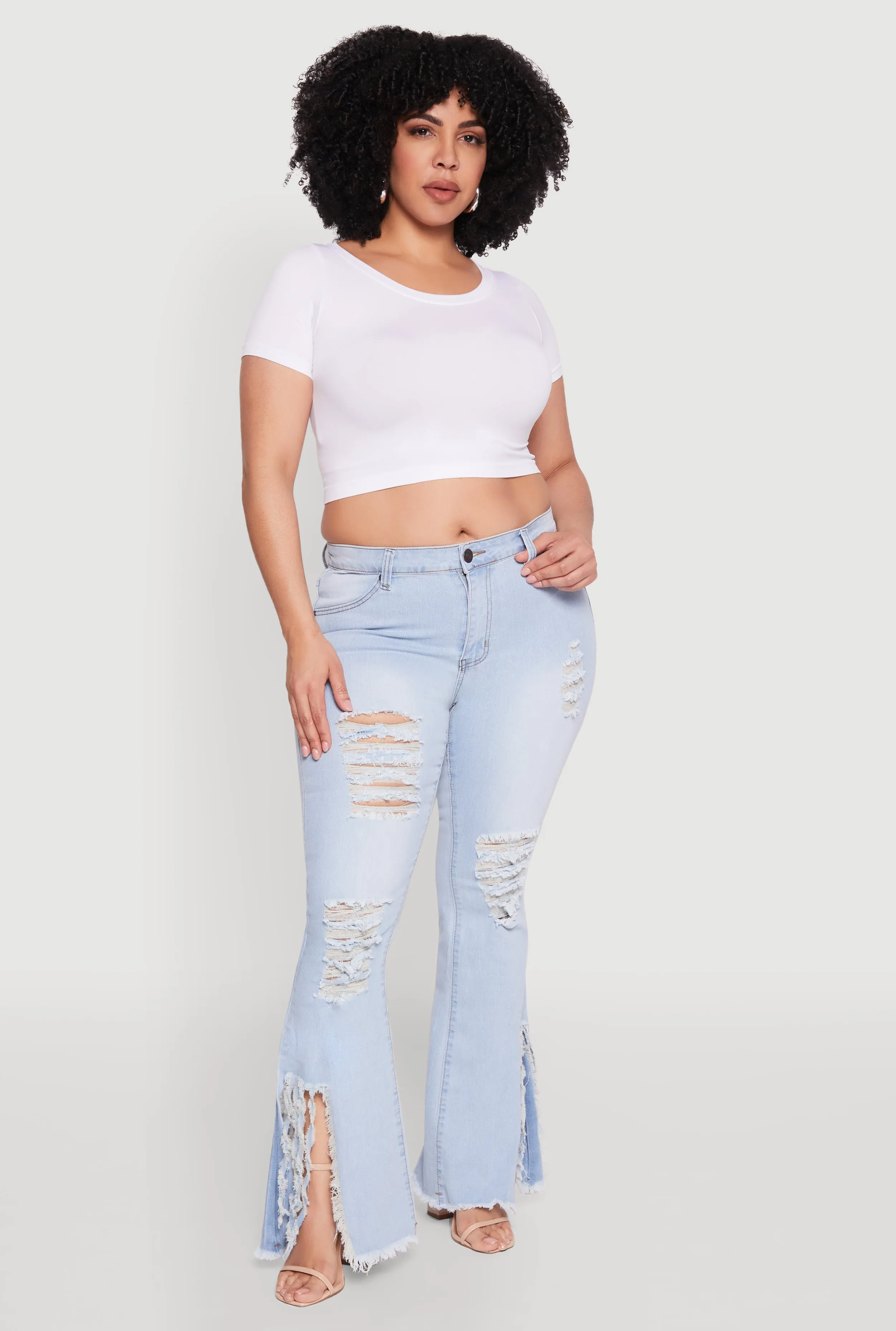 Plus Size Split Hem Distressed Flare Jeans sold by Rainbow