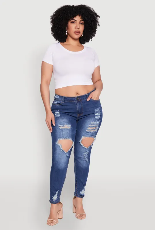 Plus Size Distressed and Frayed Denim Jeans sold by Rainbow
