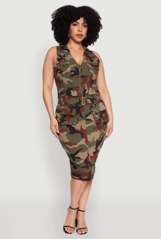 Plus Size Zip Front Belted Cargo Dress sold by Rainbow
