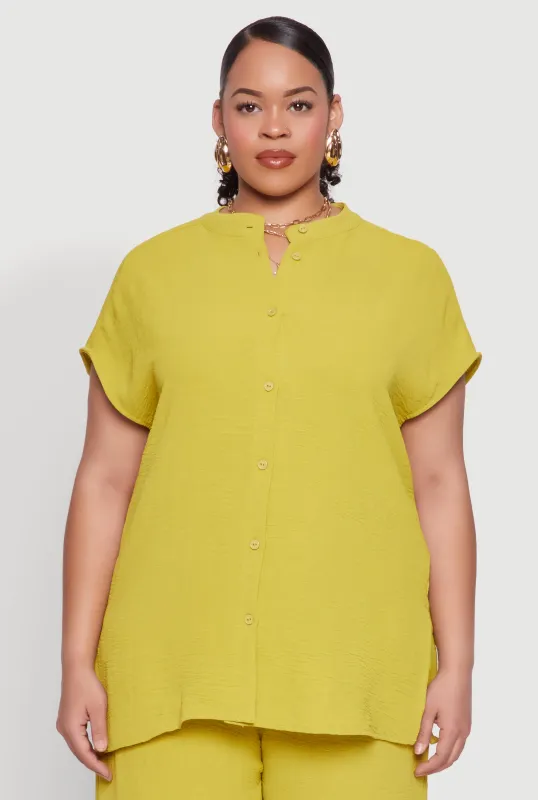Plus Size Airy Mandarin Collar Tunic Shirt sold by Rainbow