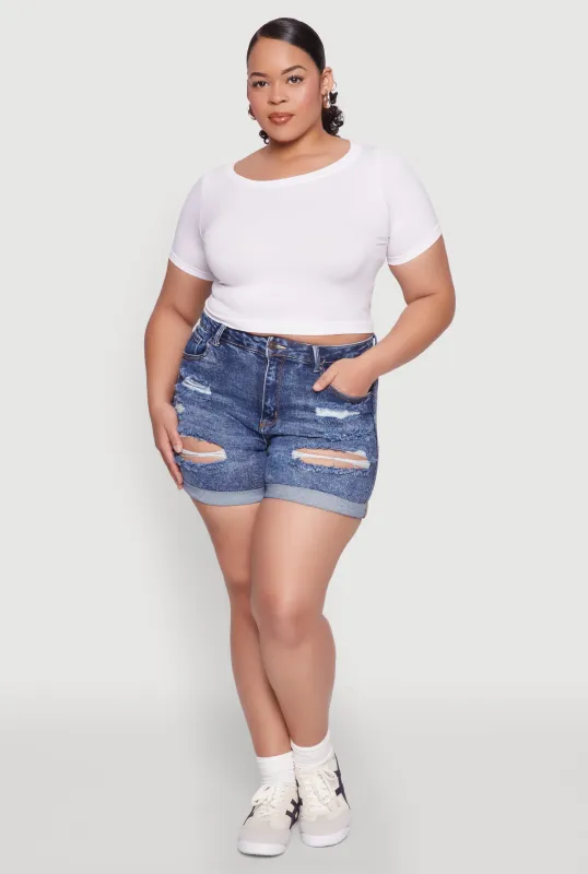 Plus Size WAX Distressed Denim Cuffed Shorts sold by Rainbow