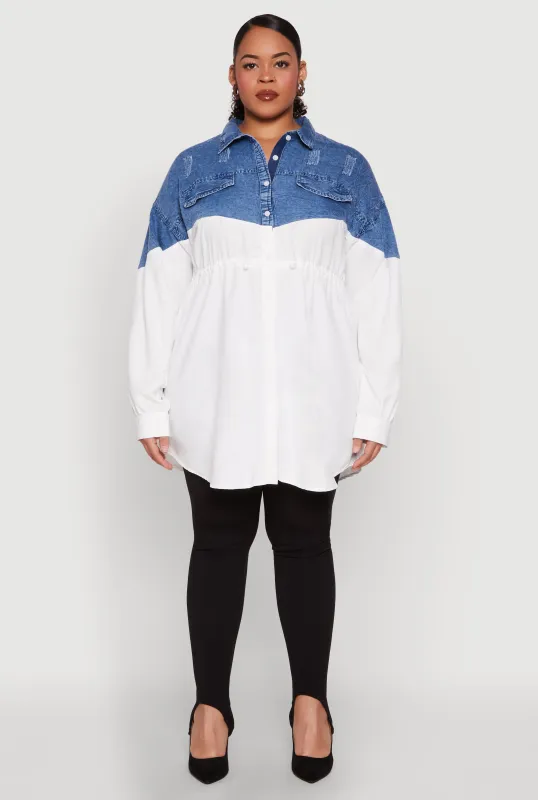 Plus Size Denim Detail Distressed Tunic Shirt sold by Rainbow