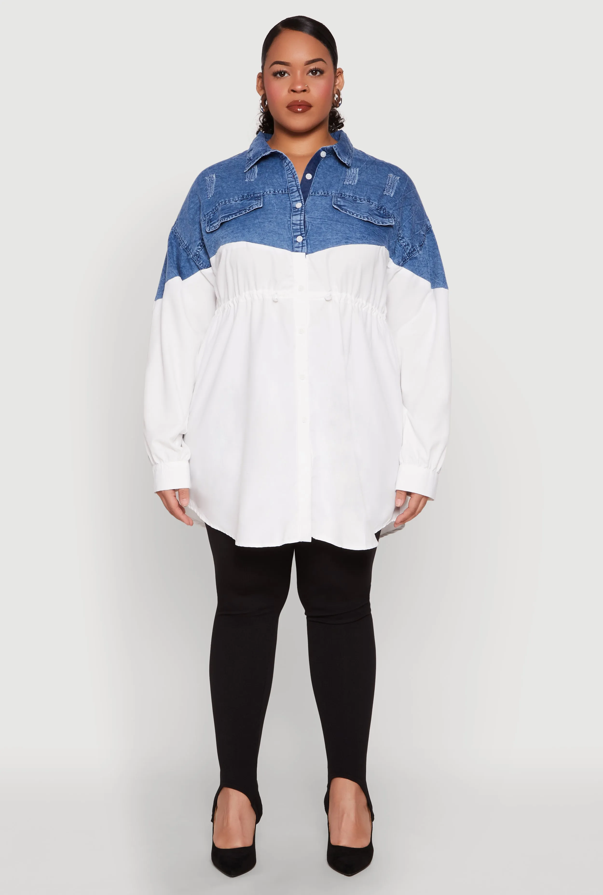 Plus Size Denim Detail Distressed Tunic Shirt sold by Rainbow