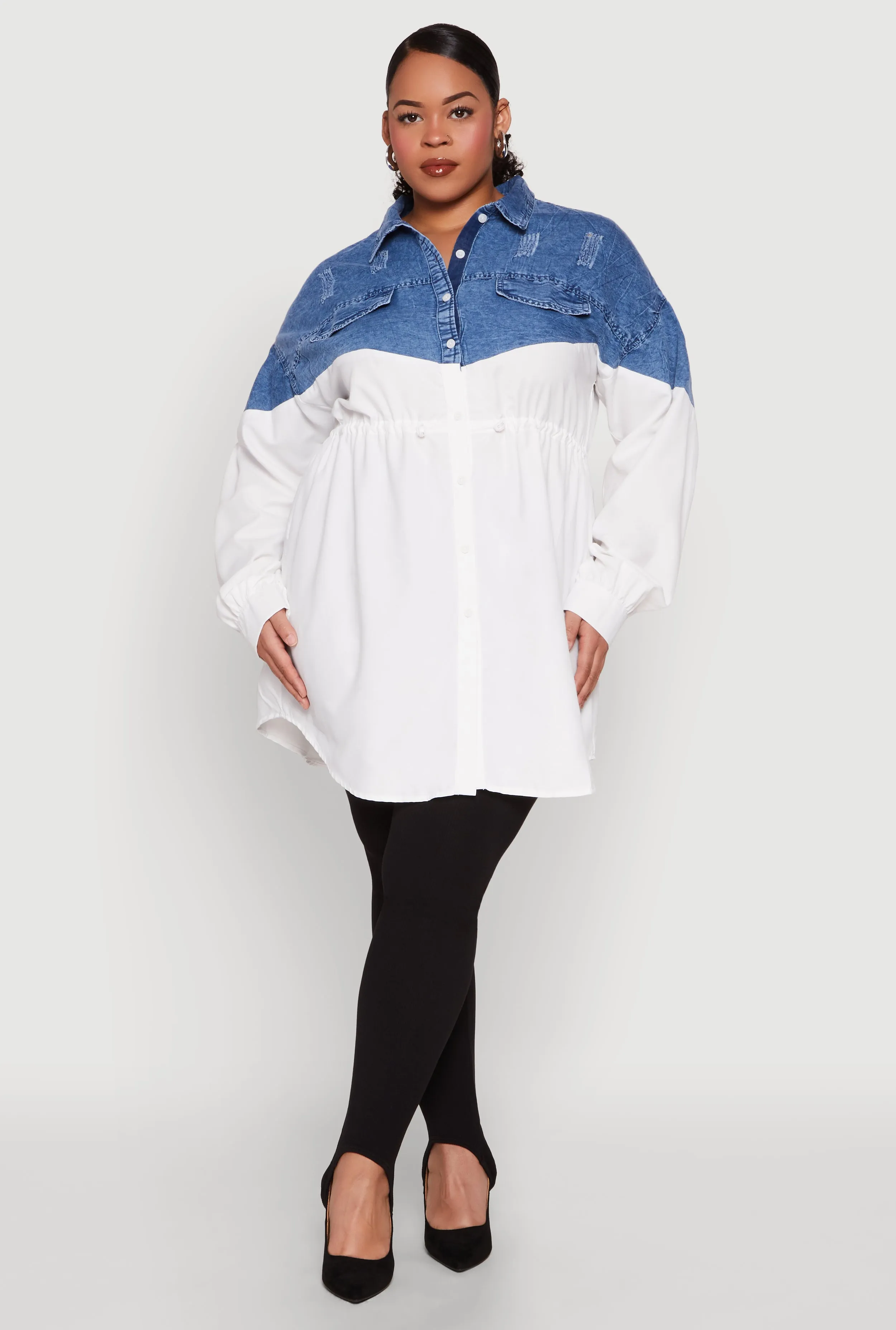 Plus Size Denim Detail Distressed Tunic Shirt sold by Rainbow product image thumbnail 3