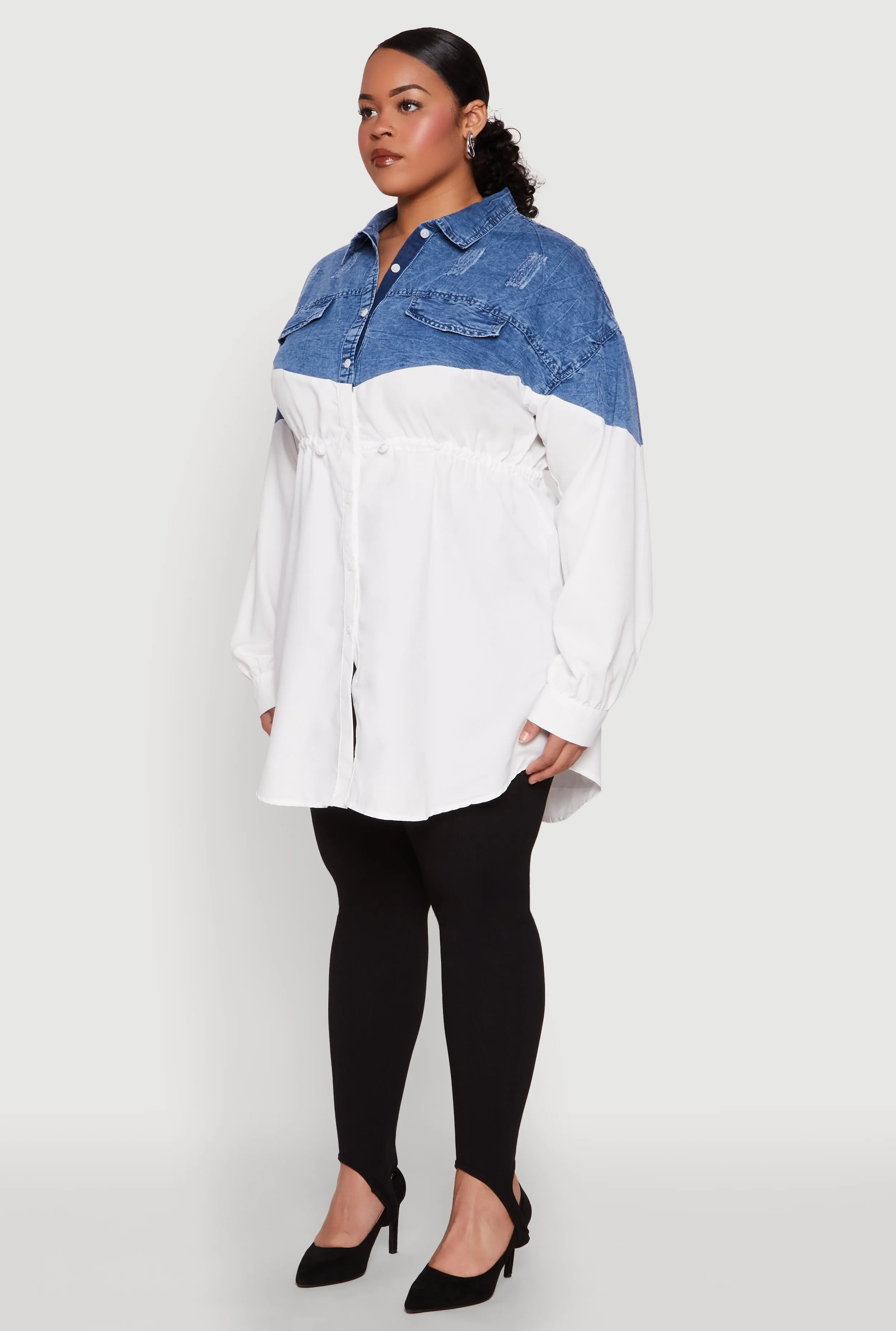 Plus Size Denim Detail Distressed Tunic Shirt sold by Rainbow product image thumbnail 5